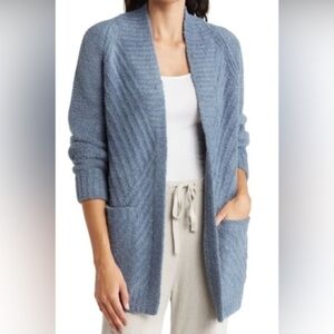 Barefoot Dreams Cozy Chic Open Front Cardigan, Size L, Blue, Rib, Pocket